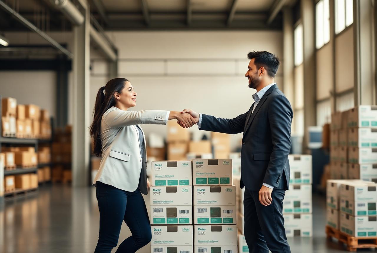 Distribution partners shaking hands in a warehouse